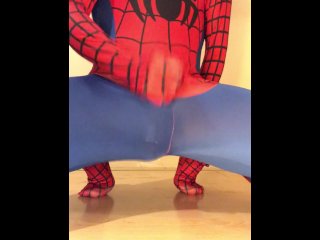 View Wanking in my new spider-man outfit ** rock hard cock & super horny **