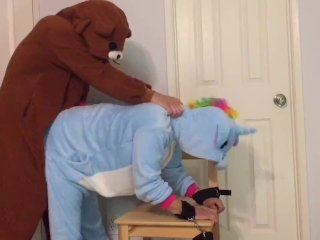 View Bear fucks unicorn onesie girl tied to chair