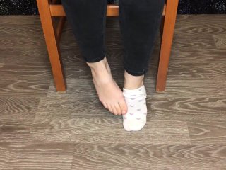 View Student girl in white socks show foot and socks pov