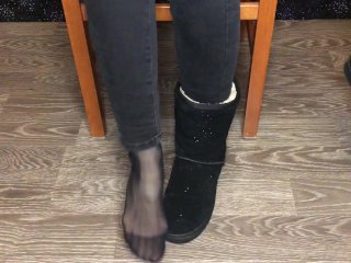 View Student girl show nylon socks, boots and foot after study